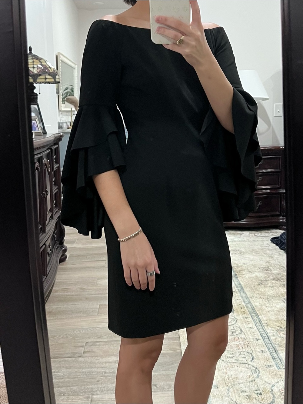 ANTONIO MELANI Black Off-Shoulder Dress with Tiered Bell Sleeves